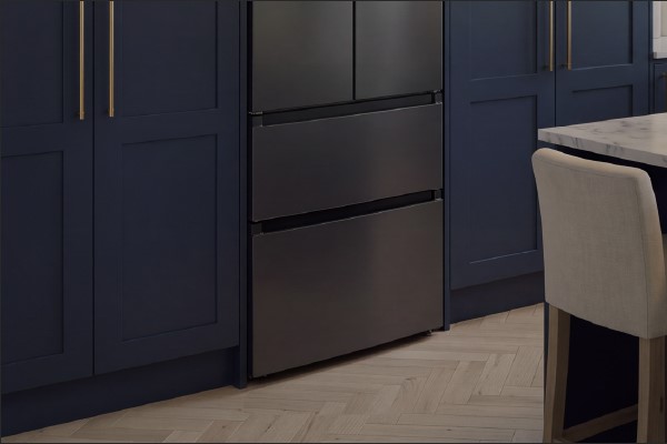 DeSantii French door fridge freezer in Dark Inox in a navy kitchen